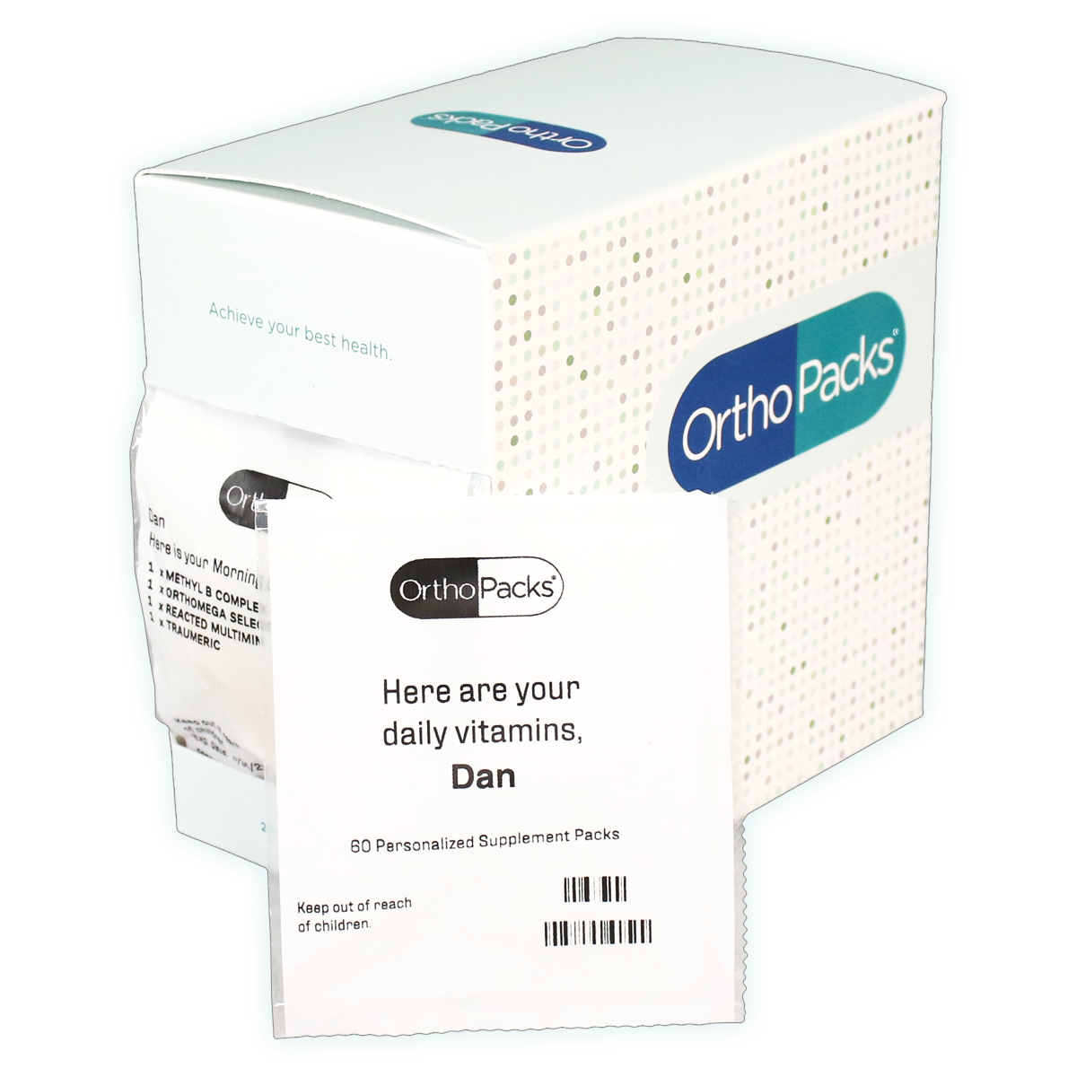 OrthoPacks packet leaning on box three quarter right top view photo image